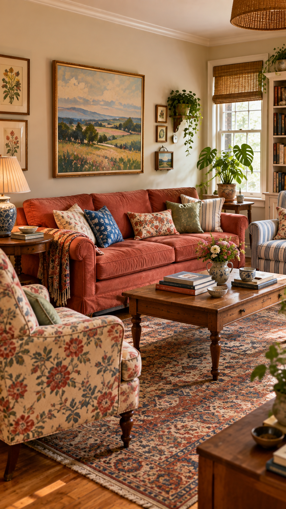 Colorful room with its own personality, layered patterns, artwork and vintage furniture