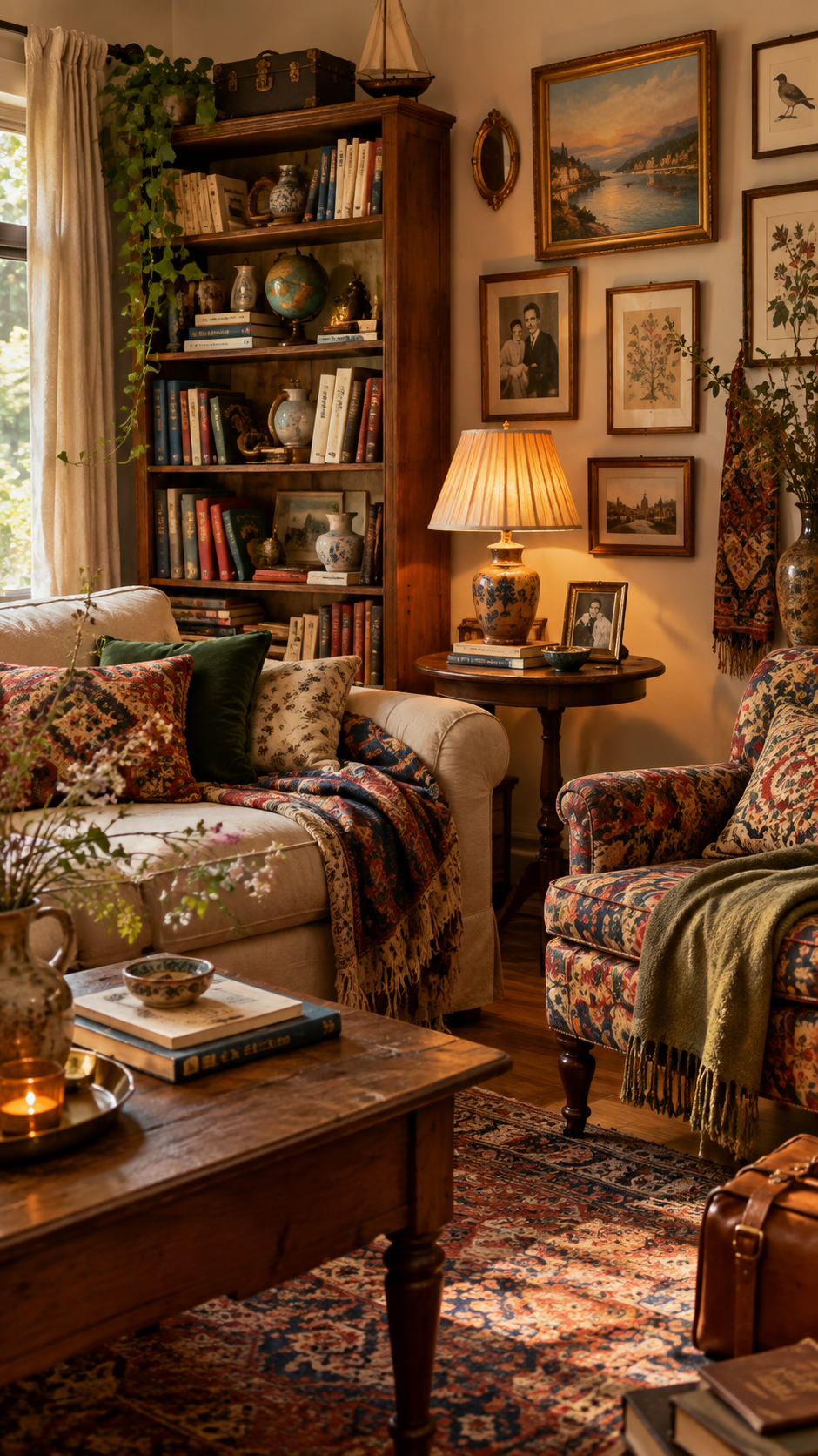 Dreamy 
            bedroom with four-poster bed, floral wallpaper, patterned textiles and vintage lamps