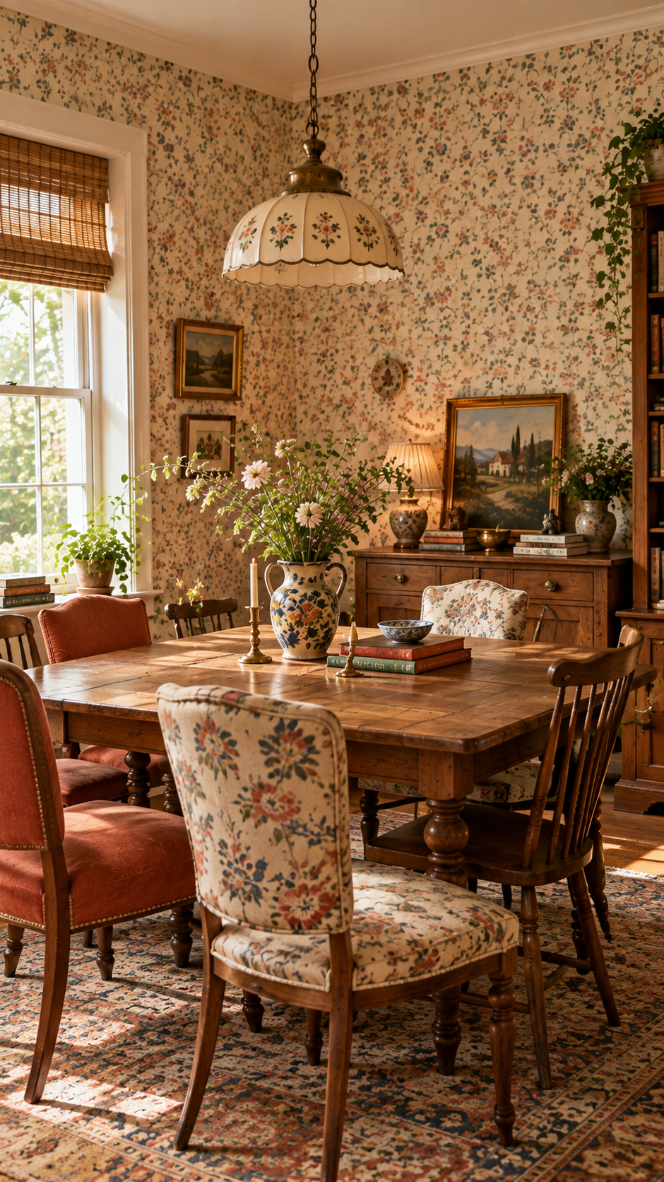 Dusty coral sofa with colorful patterned armchairs and layered textiles in a cozy living room