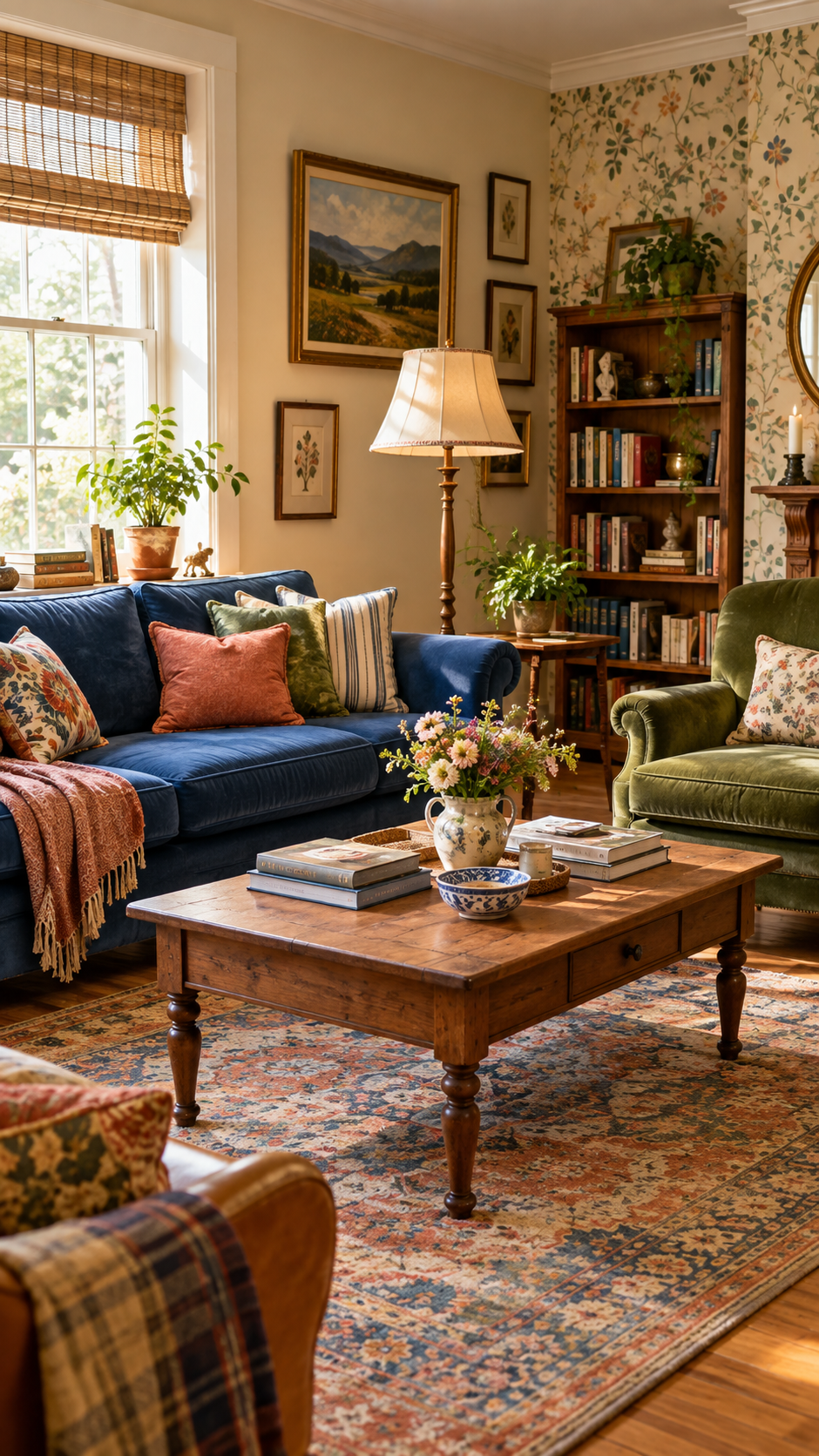 home decoration ideas, Colorful living room with a dusty coral sofa, patterned chairs and vintage decor
