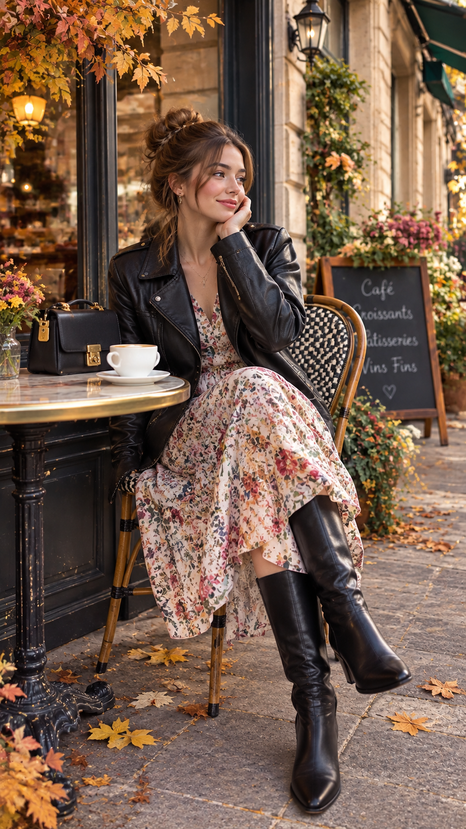 Autumn outfit with floral midi dress, leather jacket and ankle boots