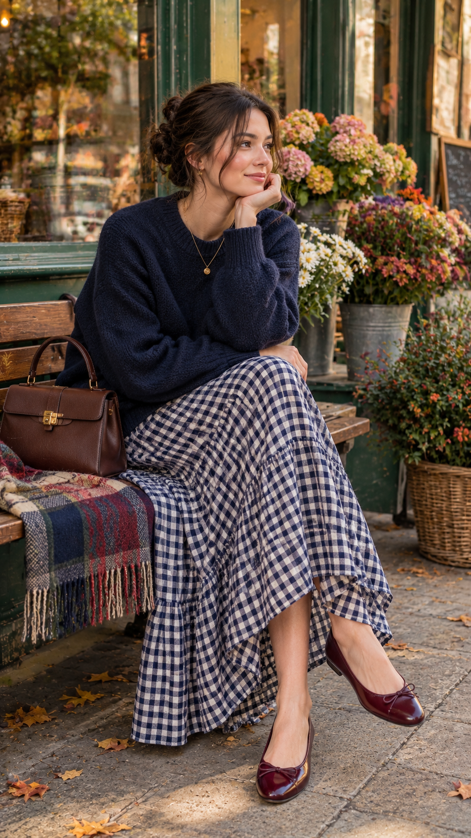 Autumn 
        outfit with maxi cotton checkered dress, oversized knit, ballerina flats and handbag