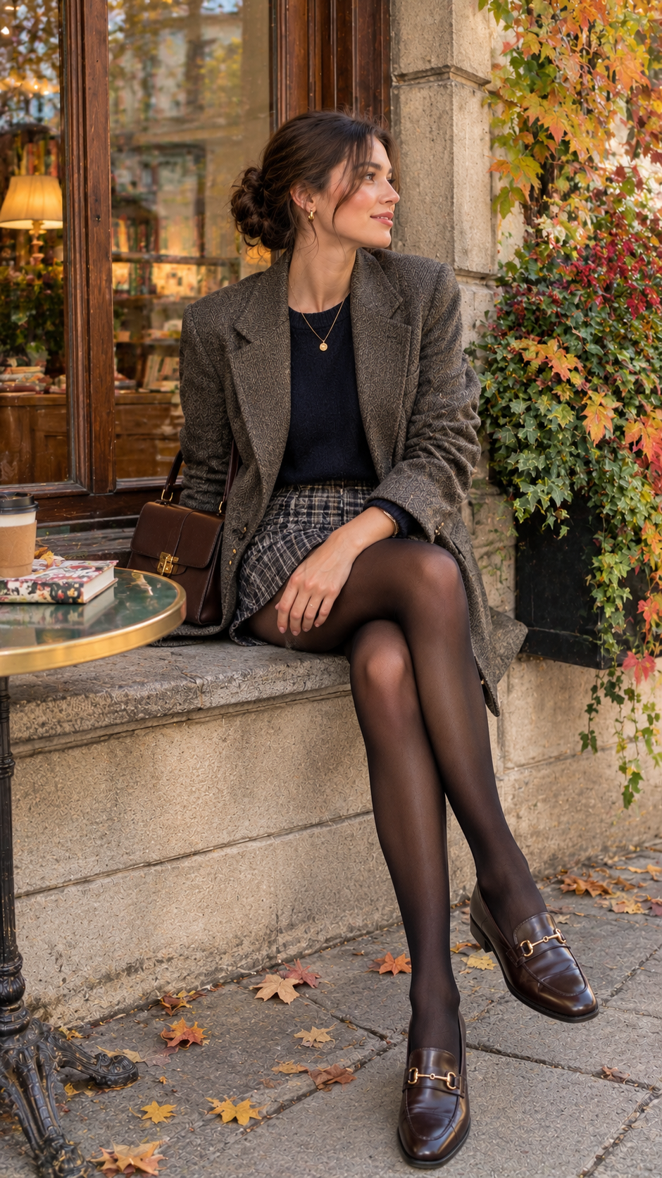 Autumn outfit with mini skirt, 
        oversized blazer, knit top and loafers