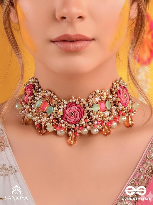 Handcrafted Rose Choker With Beaded Fringes, | Party, Festive, Wedding & Gifting, Pearls And Gem Details Lightweight Jewelry For Women | Party, Festive, Wedding & Gifting