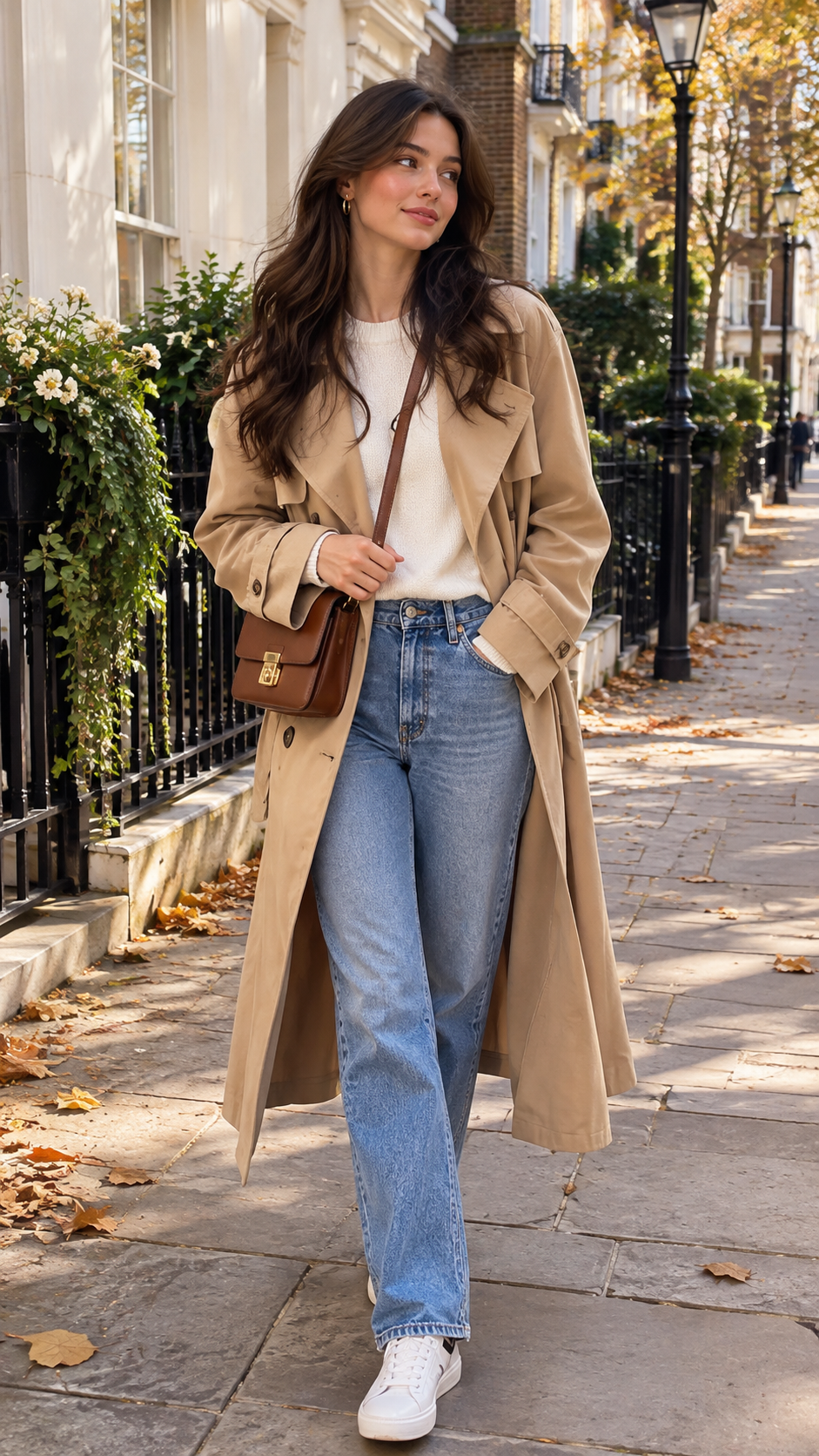 Autumn outfit with straight-leg jeans, trench coat, sweater and sneakers