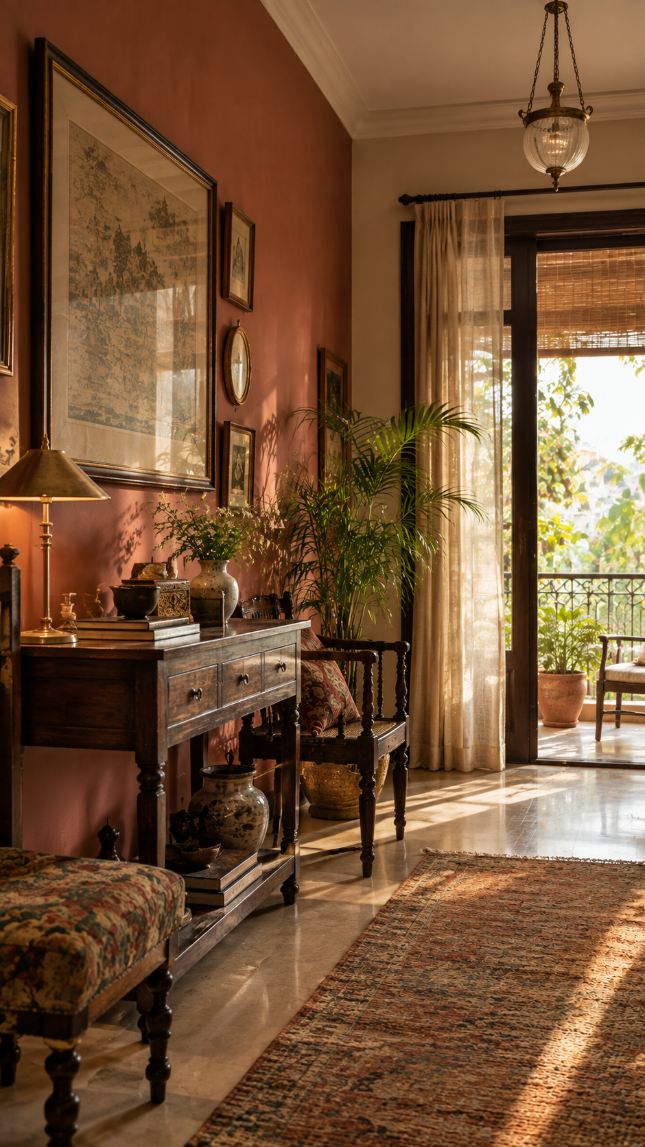 Aditi Rao Hydari house tour, 
Colorful lived-in living room with vintage furniture, patterned textiles and collected decor