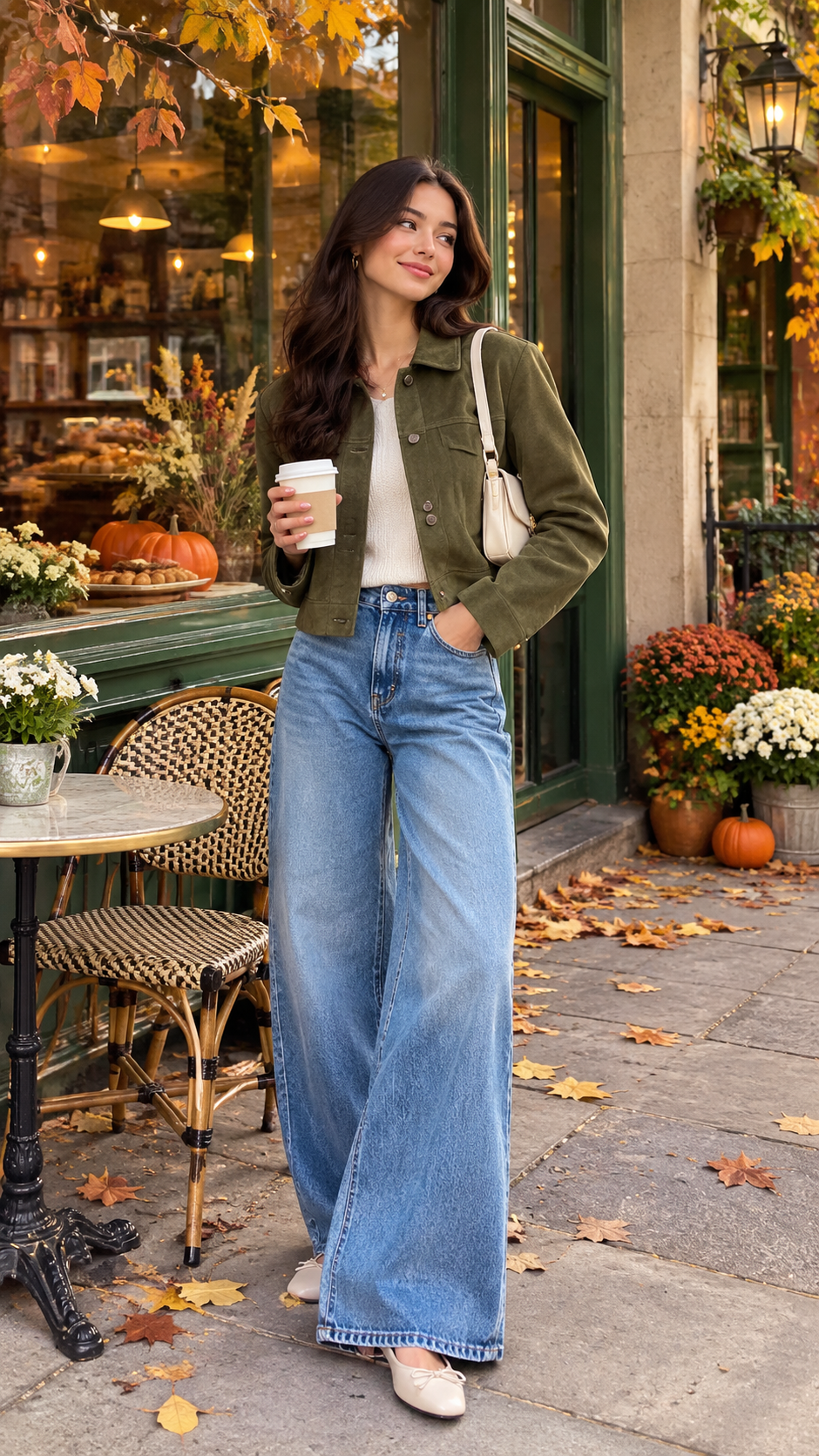 Autumn outfit with wide-leg jeans, short jacket and ballet flats