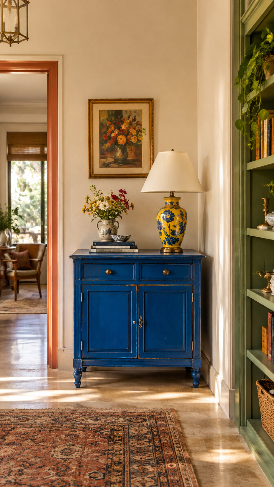 Aged wooden cabinet 
            and vintage furniture mixed with colorful textiles, artwork and handmade decor