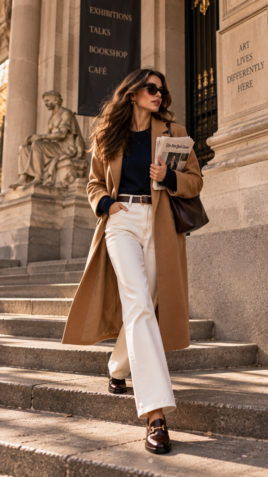 Autumn outfit with white jeans, camel coat, knit sweater and dark shoes