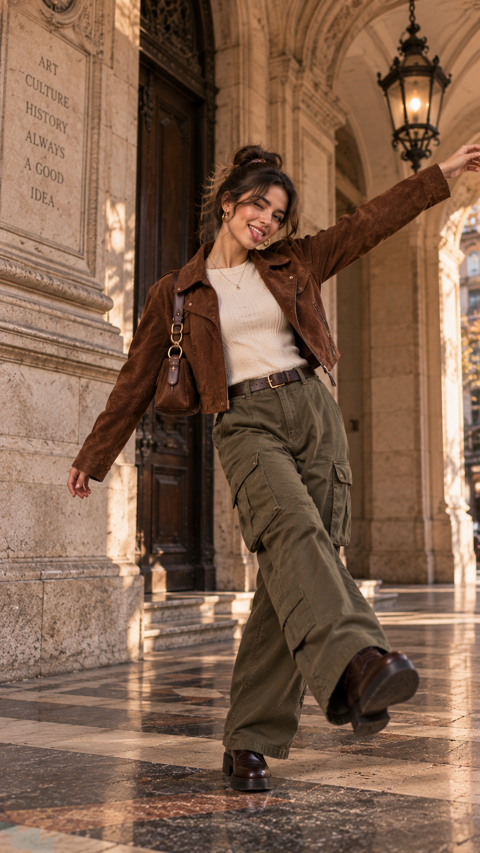 Autumn outfit with cargo trousers, fitted knit and suede-style jacket