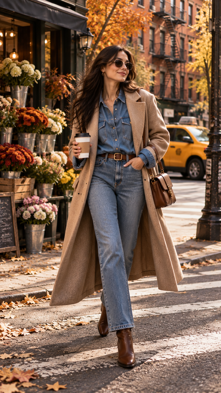 Autumn outfit with denim shirt, jeans, long wool coat and ankle boots