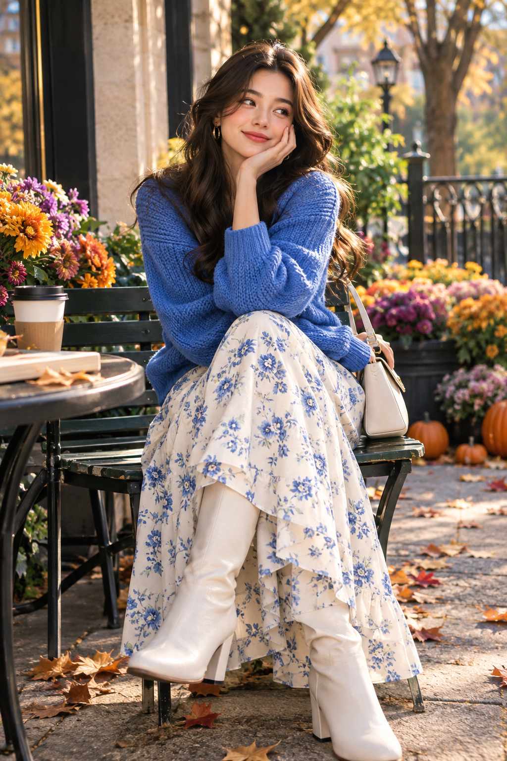 Autumn outfit with floral midi skirt, oversized cardigan and boots