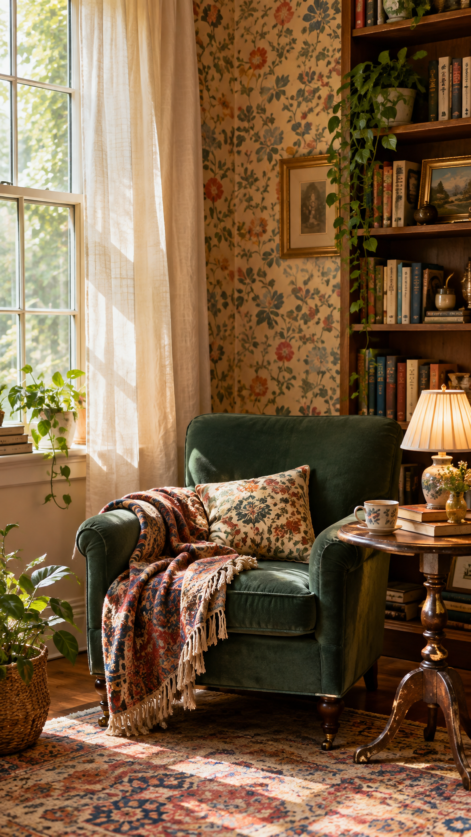 Cozy dining room with elegant small floral wallpaper, wooden table and colorful mismatched chairs