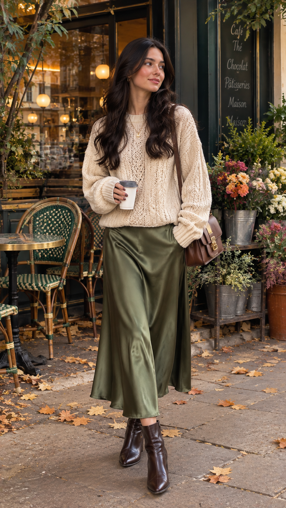 Autumn outfit with 
        satin midi skirt, chunky sweater and ankle boots