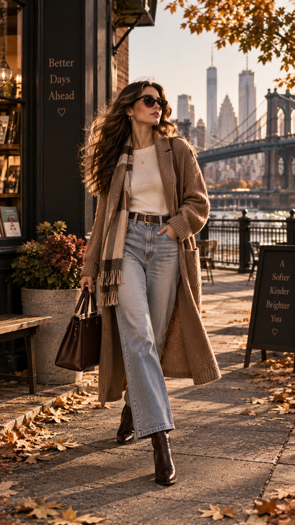 Casual autumn outfit with relaxed jeans, long cardigan and ankle boots