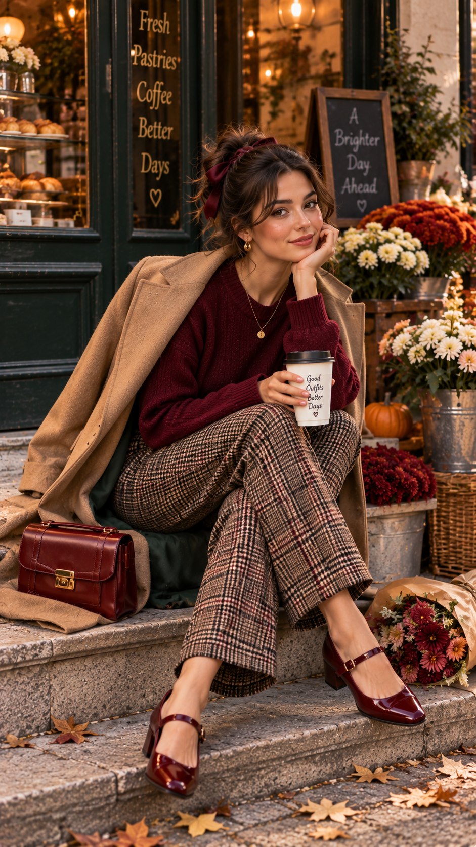 Autumn outfit with checked trousers, plain sweater and Mary Jane shoes