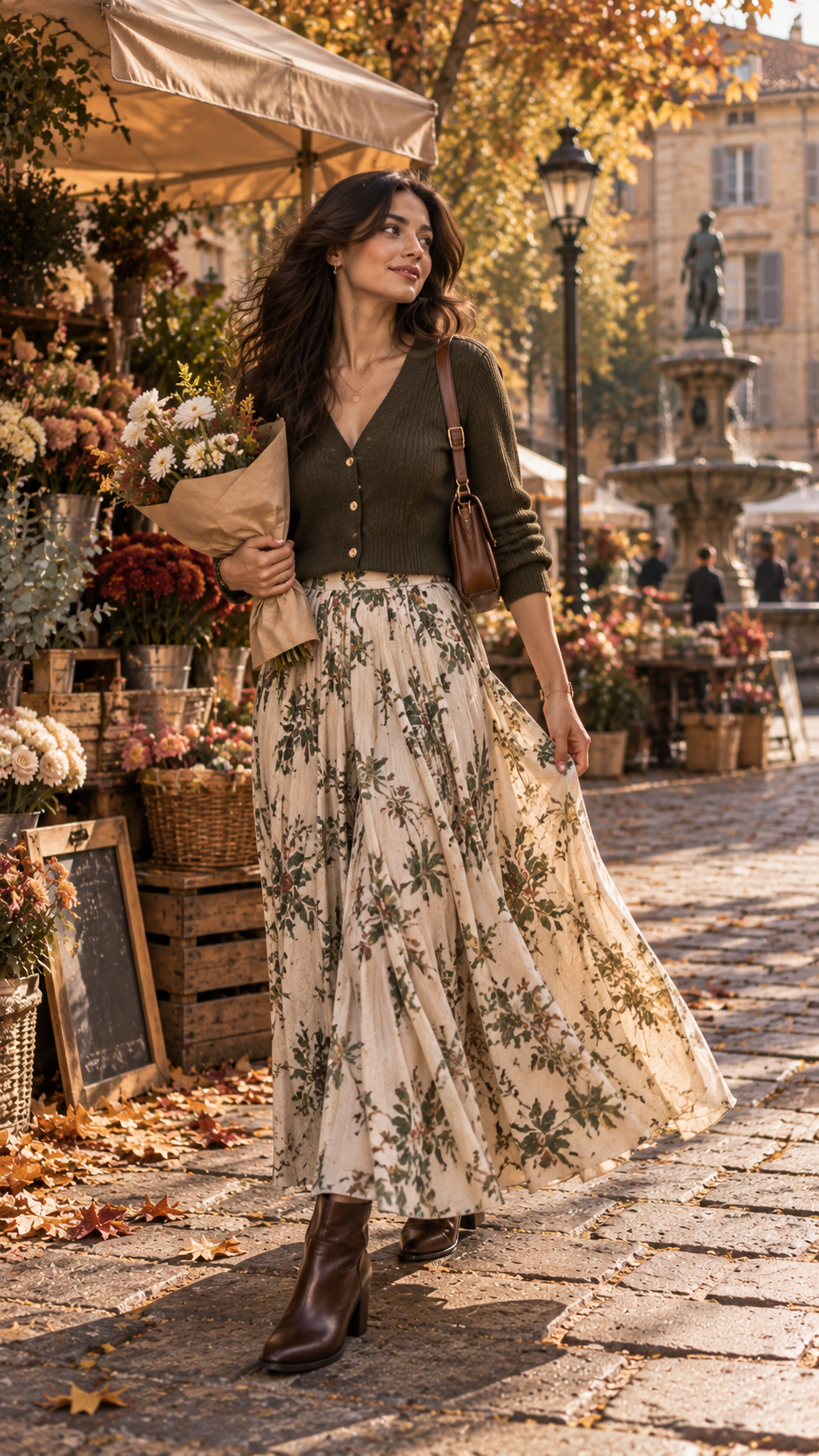 Autumn outfit with maxi skirt, fitted cardigan and ankle boots