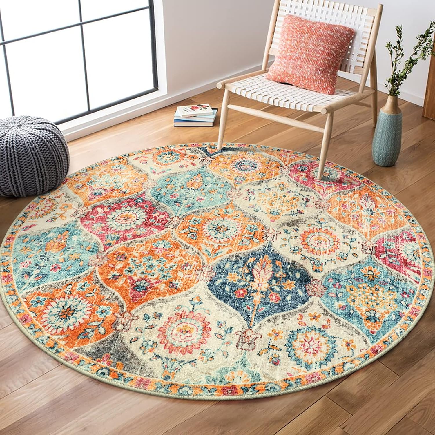 Vintage Ultra-Thin Distress Circle Carpet for Bedroom Entryway Kitchen Bathroom Elise, Burnt Orange