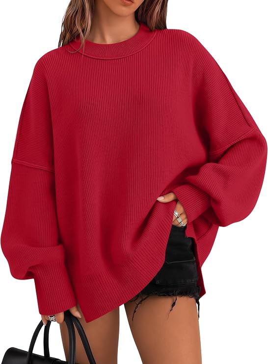 Batwing Crewneck Side Slit Winter Knit Sweater, Cozy & Soft Material, Easy Layering Piece, Casual Trendy Pullover Tops for women