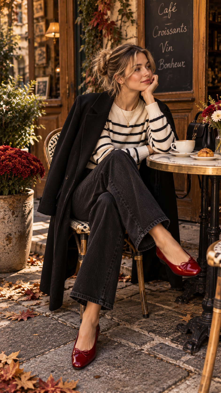 Autumn outfit with black jeans, striped sweater and red ballet flats