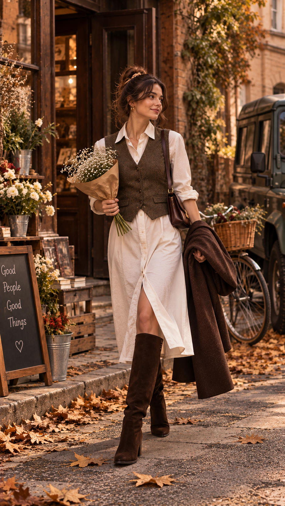 Autumn outfit with shirt dress, knitted waistcoat and boots