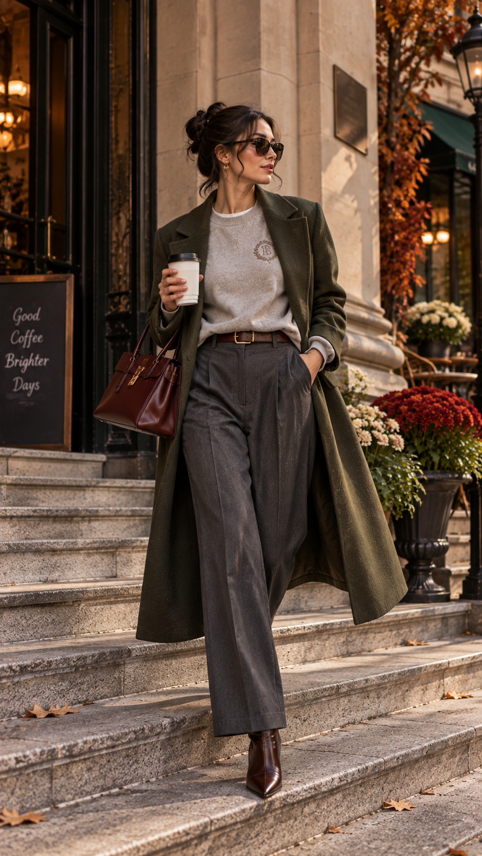Autumn outfit with tailored trousers, sweatshirt and pointed ankle boots