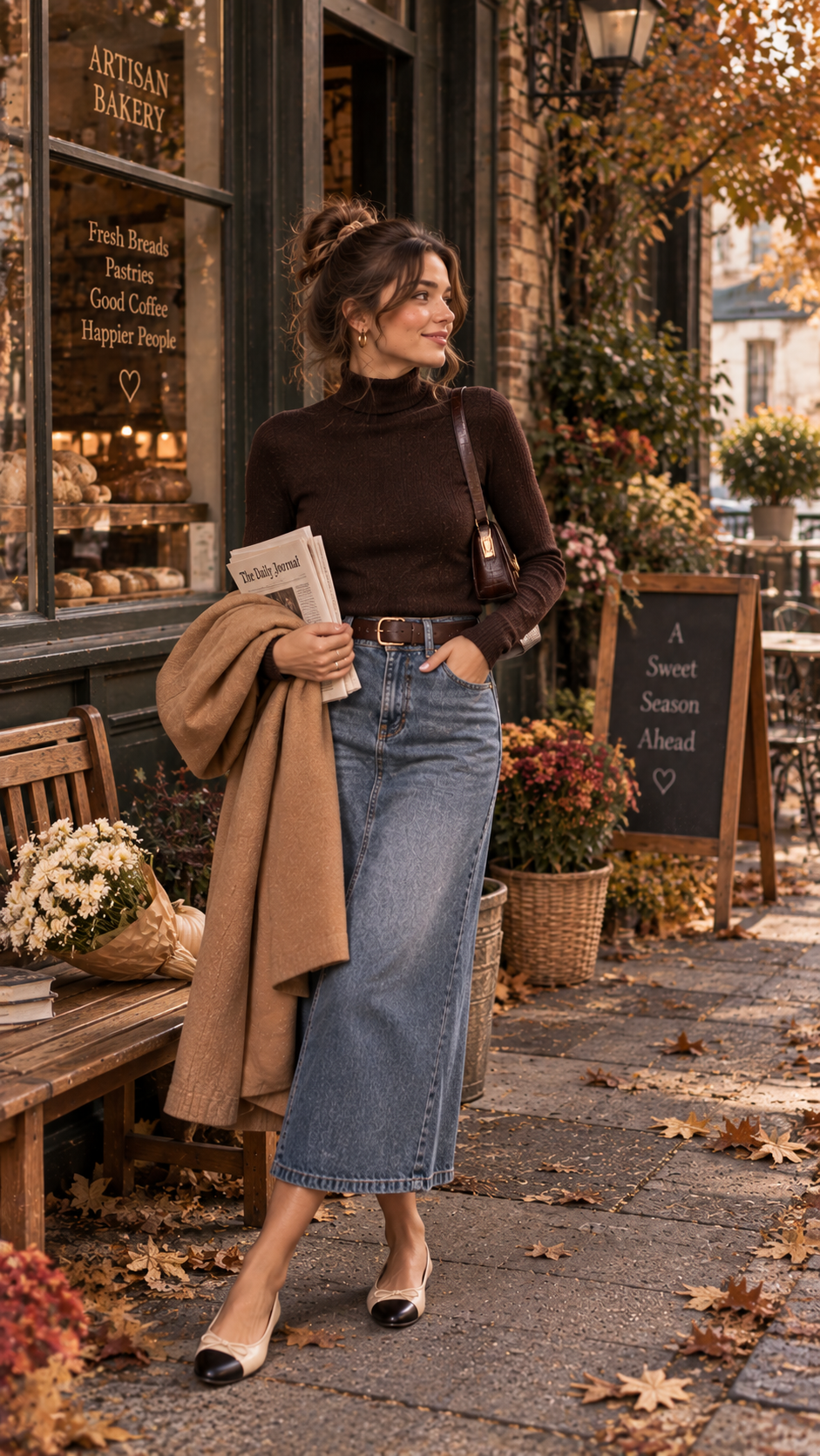 Autumn outfit with turtleneck, denim midi skirt and ballet flats