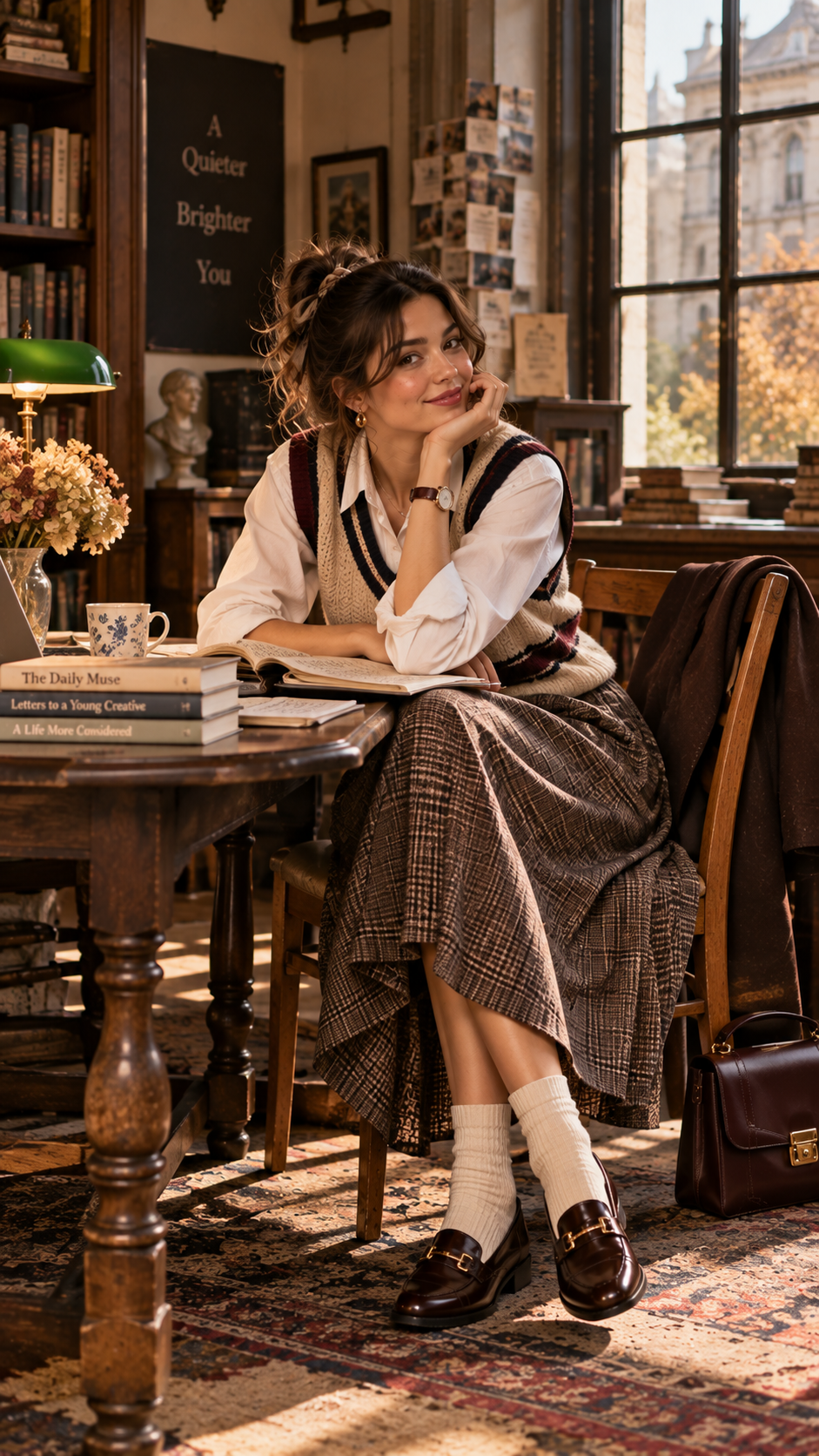 Autumn outfit with sweater vest, button-down shirt and midi skirt