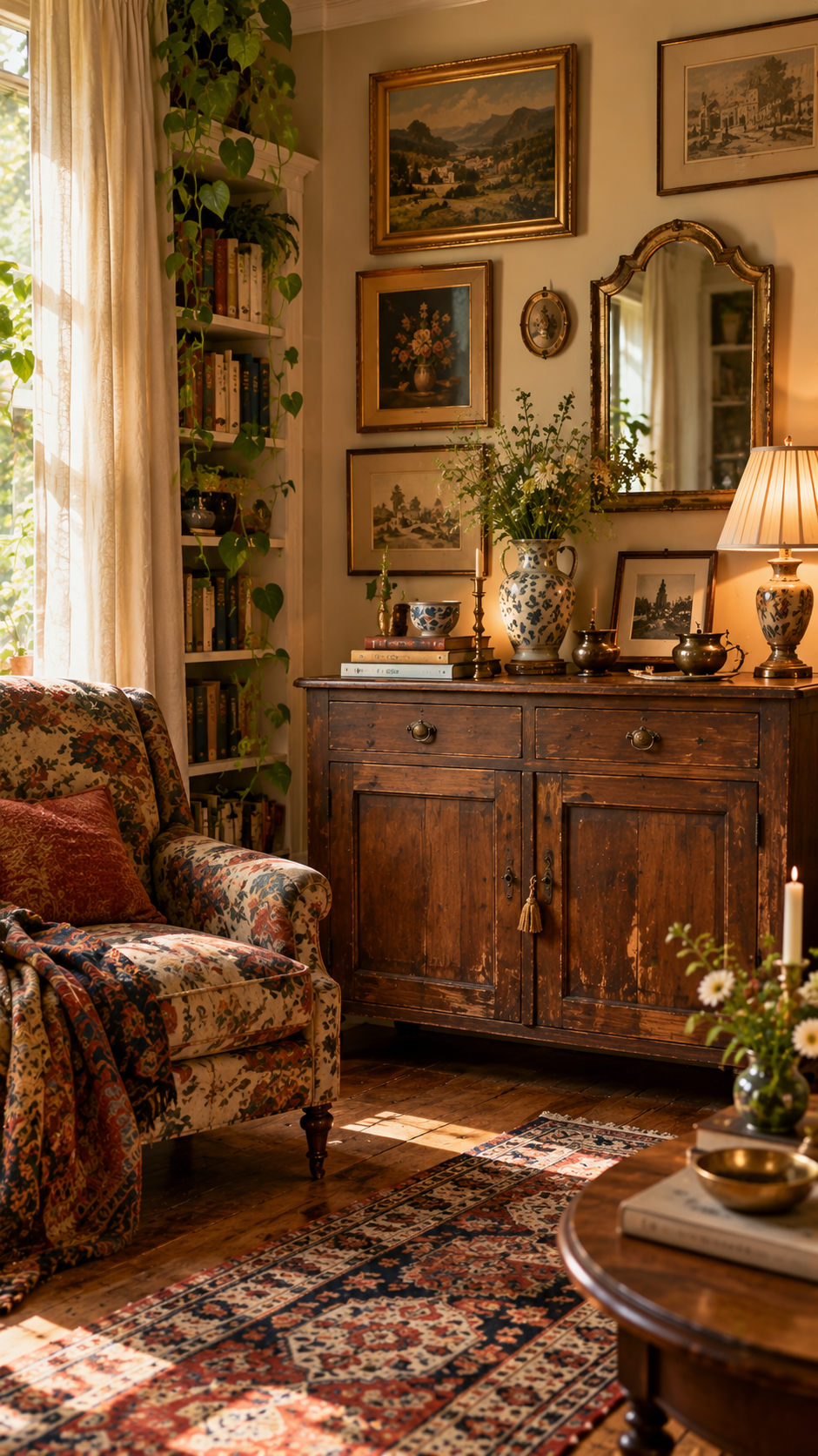 Living room layered with floral cushions, striped chair, 
            checked ottoman and patterned rug
