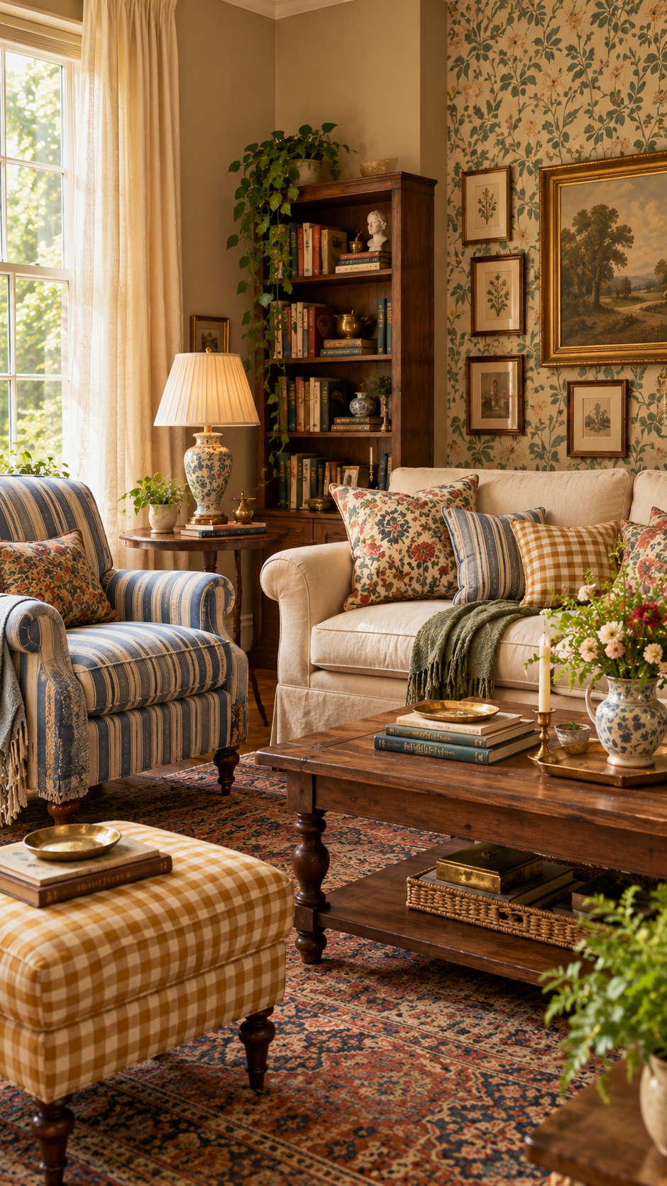 Cozy colorful reading nook with upholstered armchair, 
            books, patterned throw and warm natural light