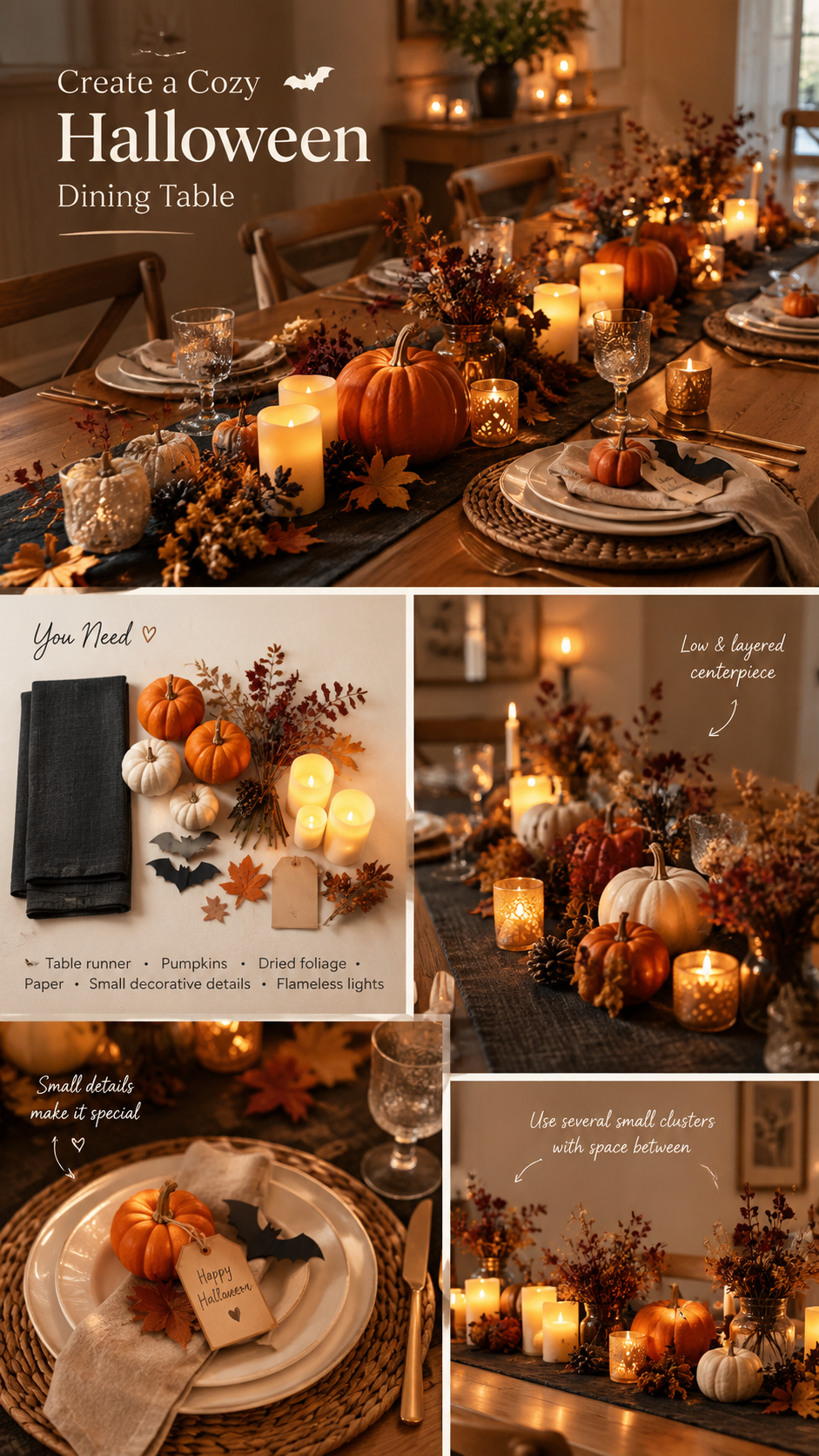 halloween dining table decor, simple halloween table decorations, halloween table centrepieces