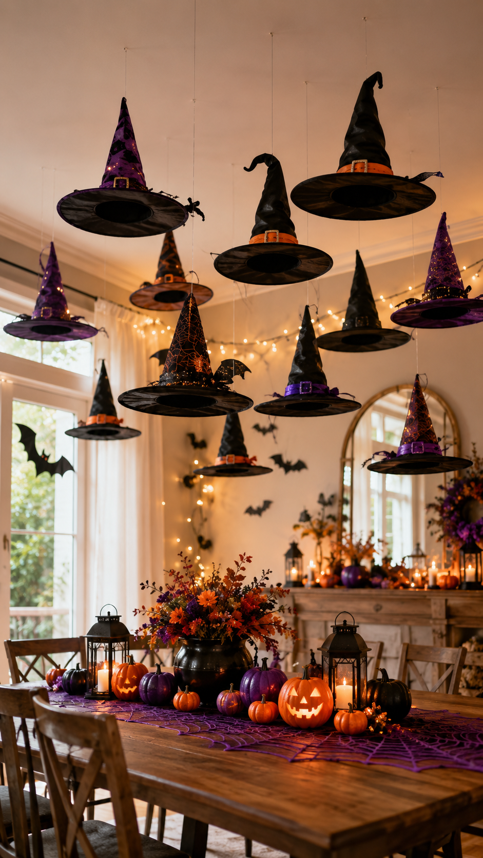 floating witch hats decor, halloween dining table decor