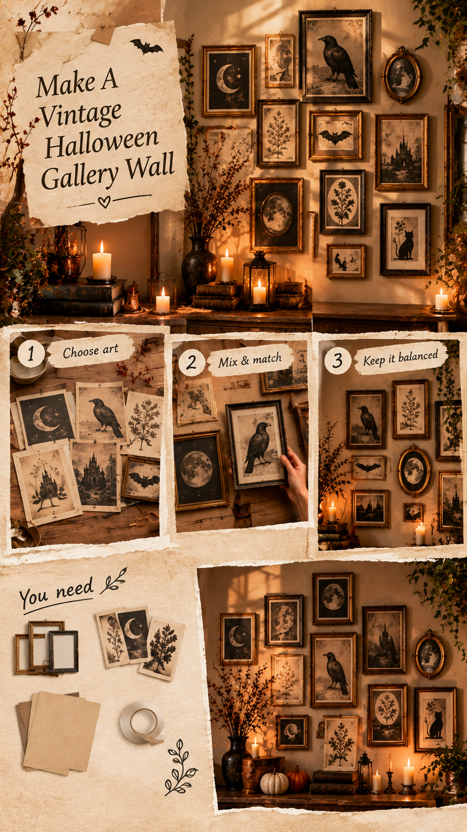 diy halloween gallery wall, diy halloween wall decor ideas, diy halloween wall decor