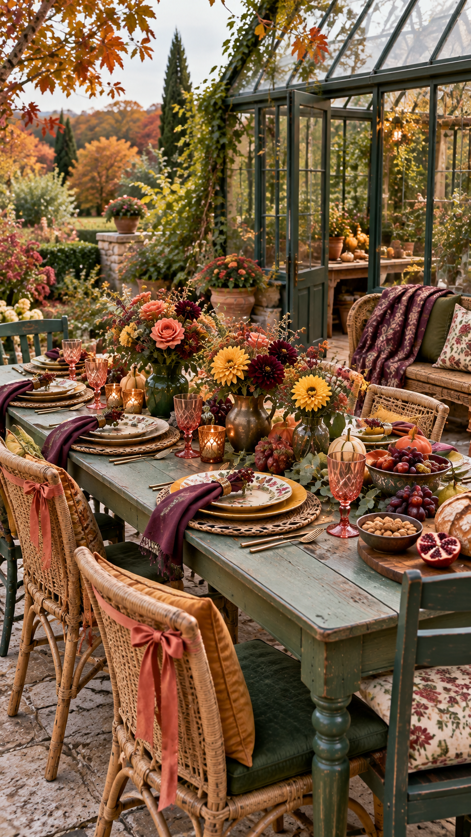 greenhouse wedding, greenhouse party venue decor ideas, long table wedding