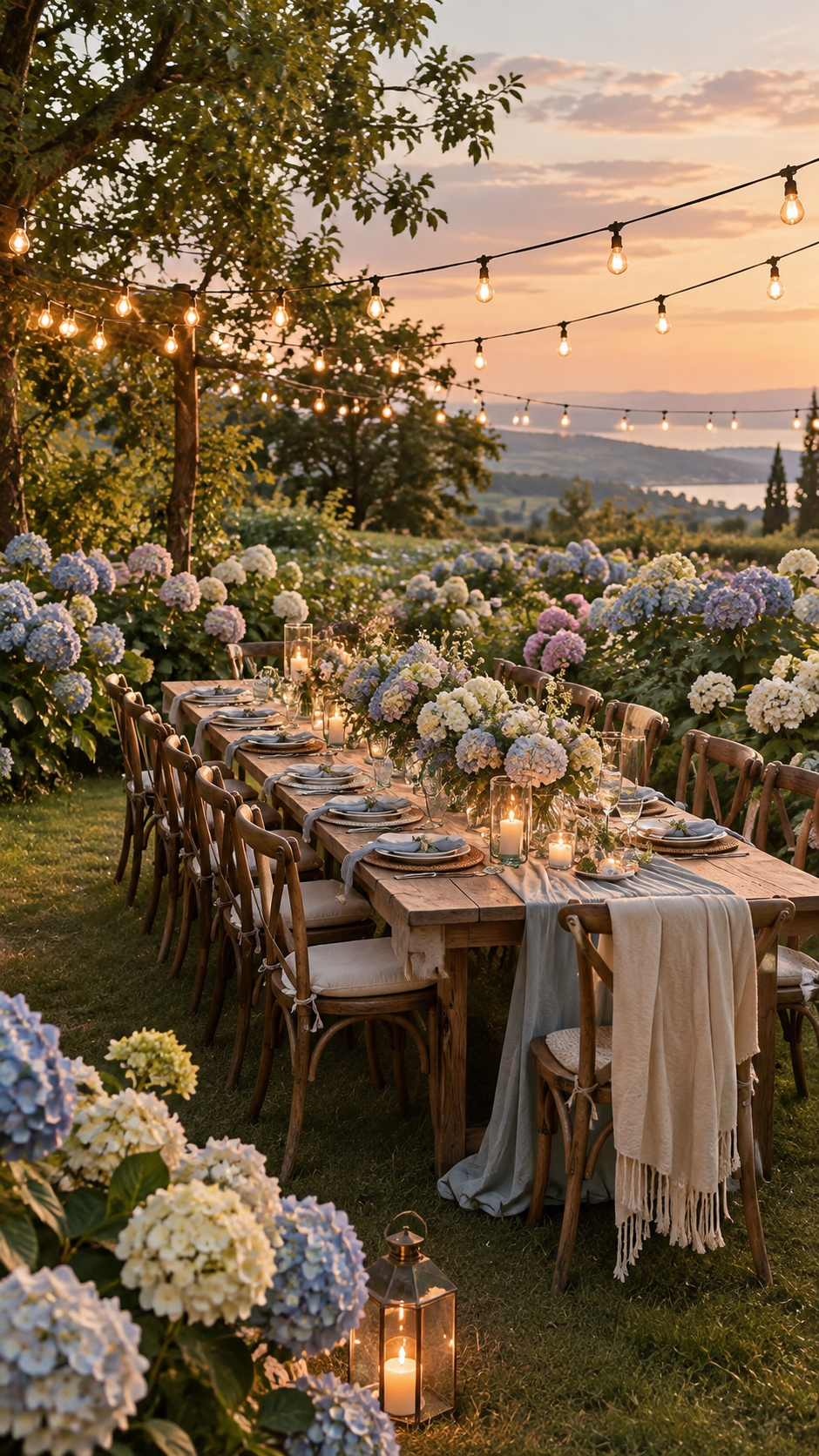 wedding long table decor ideas, simple long table decorations, 
                long table centerpieces for home, hydrangea centerpiece for long table