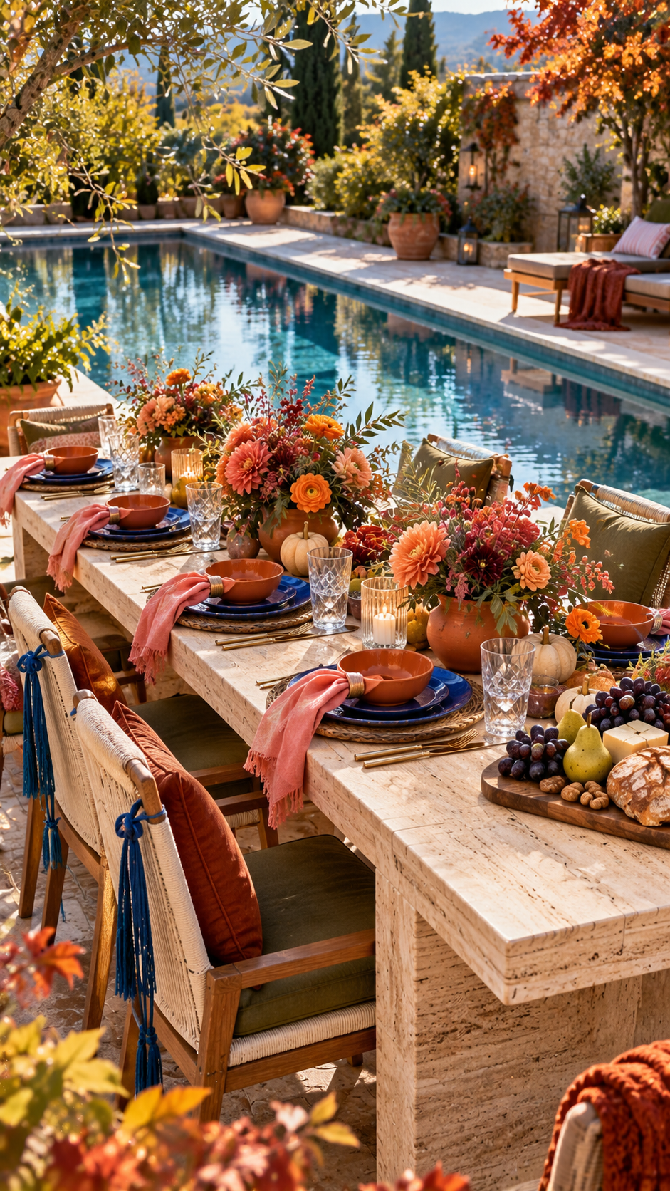thanksgiving outdoor table decorations, thanksgiving pool party, thanksgiving dinner ideas for family and friends