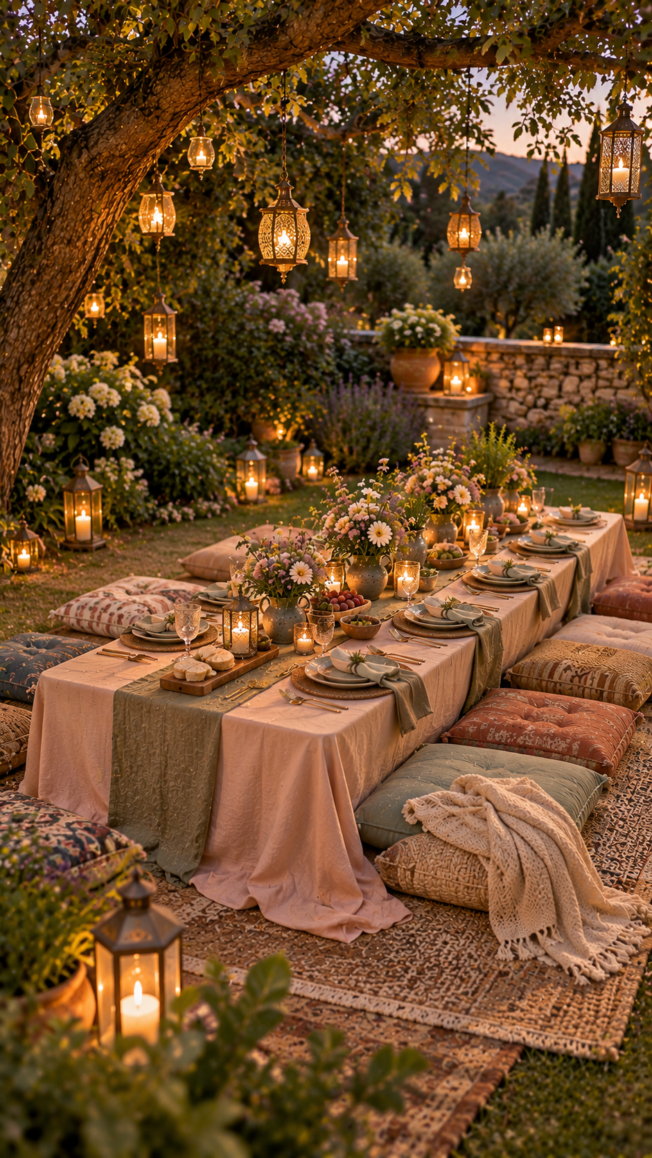 boho outdoor dinner party, boho outdoor party decor ideas, boho party table decorations