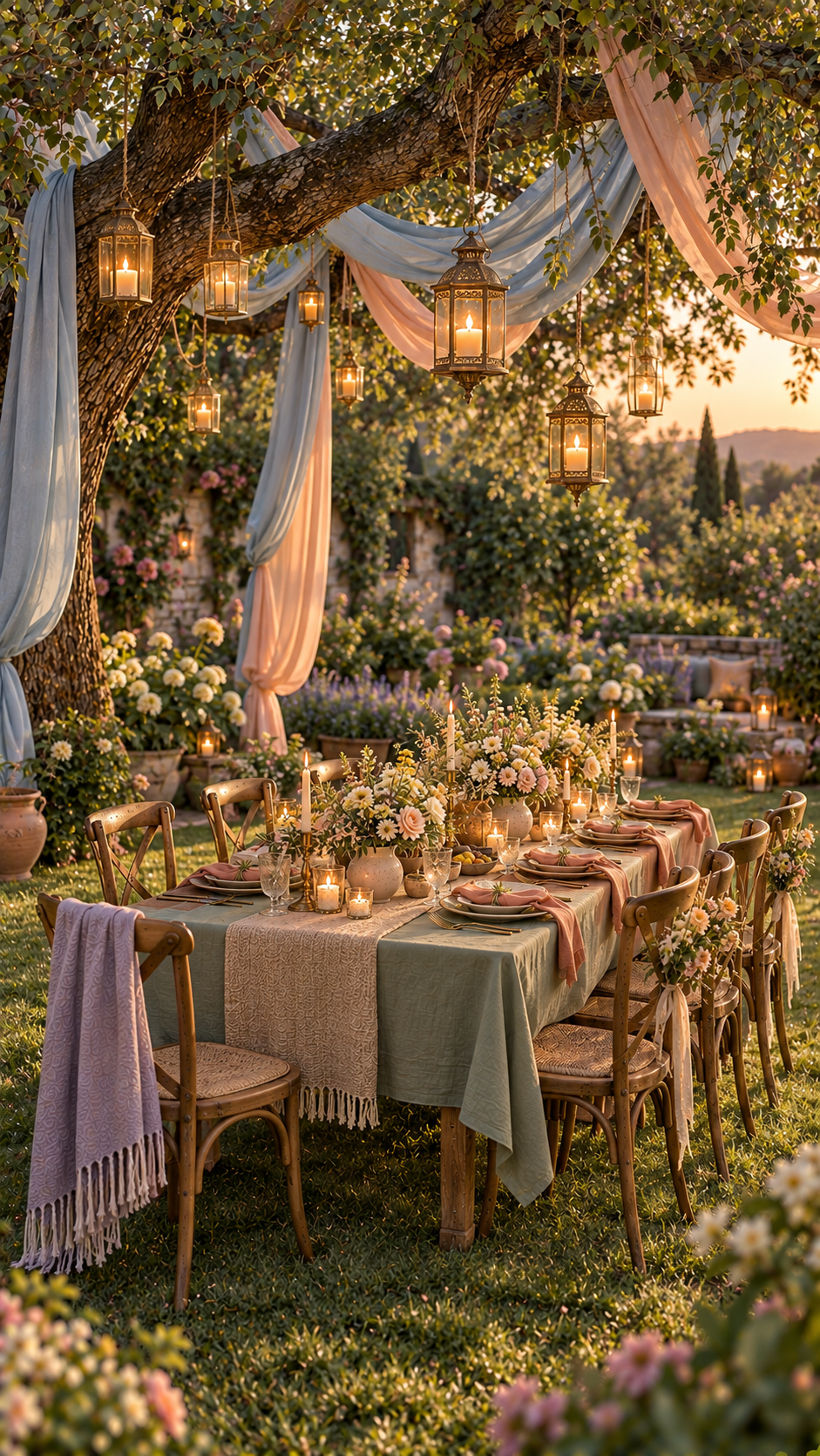 garden dinner party, garden tree decoration ideas, 
                tree decoration wedding, wedding dining table decoration