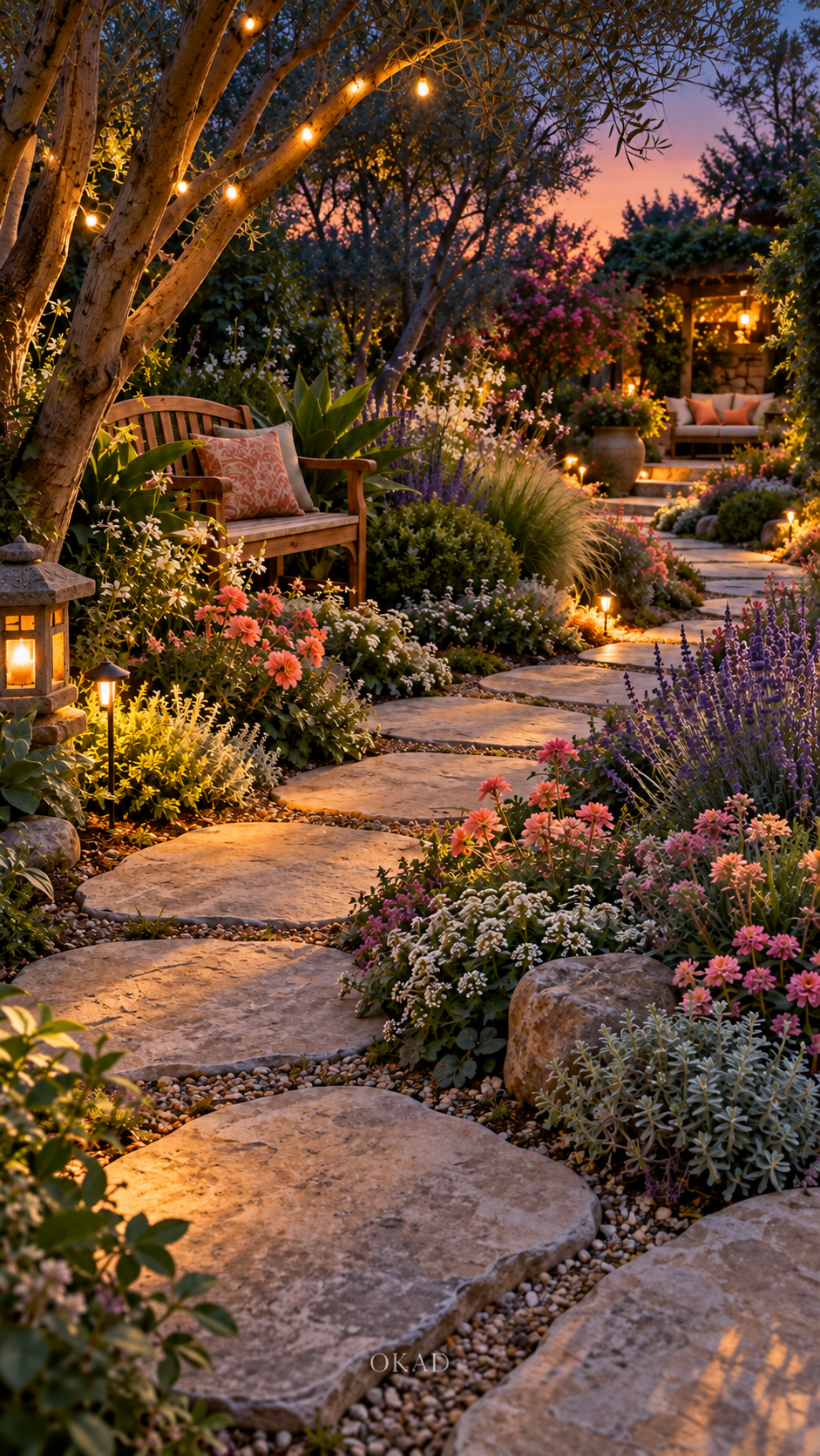 diy backyard ideas, Modern backyard garden with curved stone pathway, lush planting, mature trees and cozy garden landscaping