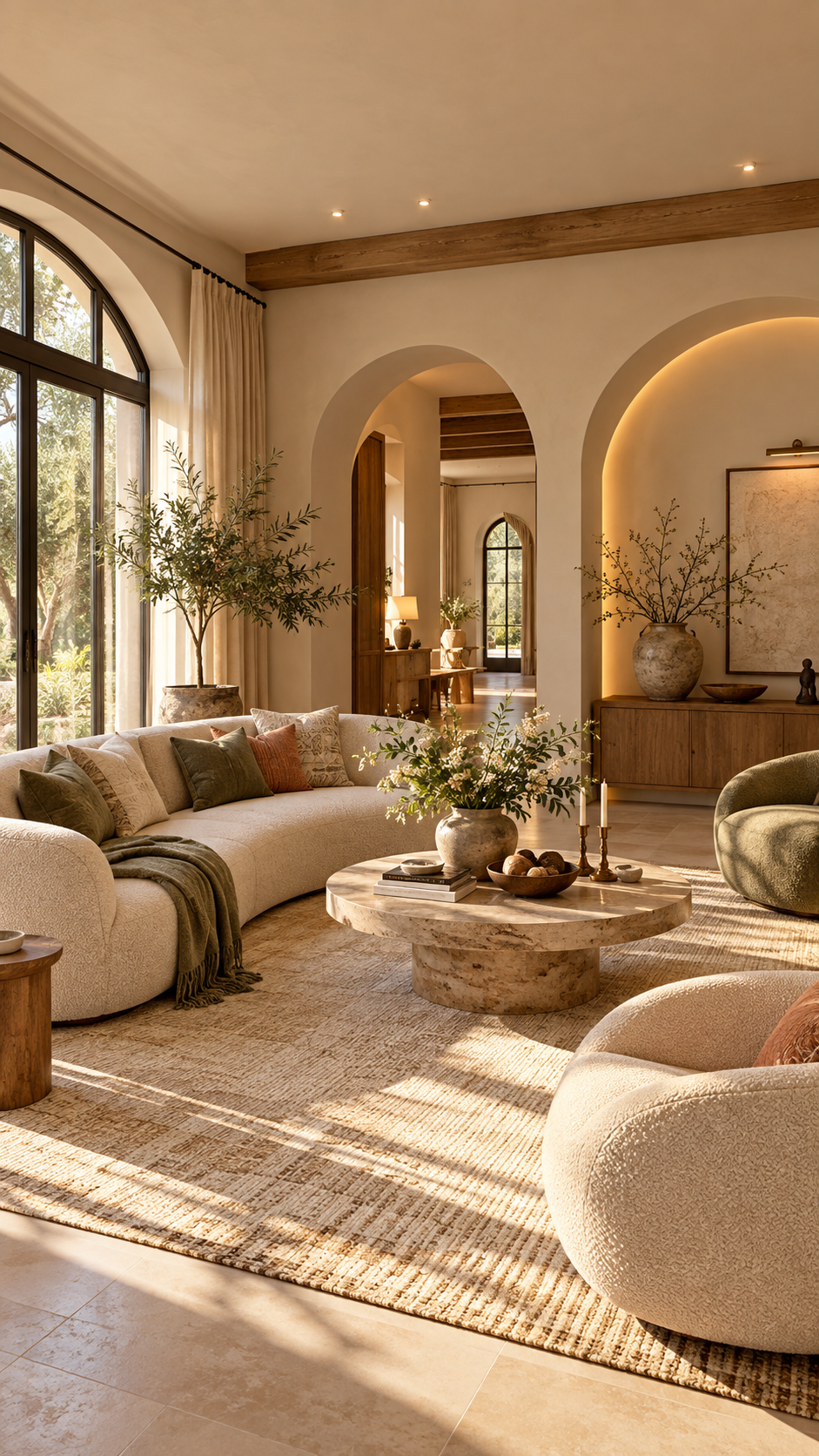 Warm modern living room with architectural arches, modern house designs, modern living room ideas