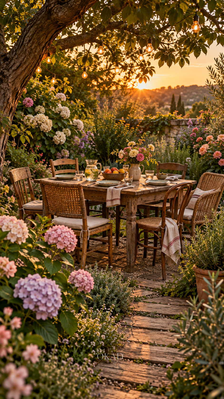 garden dining ideas, small outdoor dining area ideas for home, Cozy everyday family dinner table in a lush backyard garden with warm evening lighting