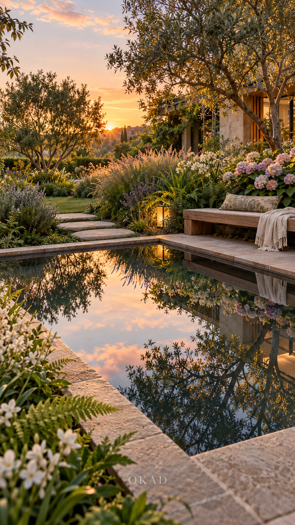 small backyard water feature ideas, small garden fountain ideas, Modern backyard reflecting pool surrounded by natural stone, ornamental grasses and lush garden planting