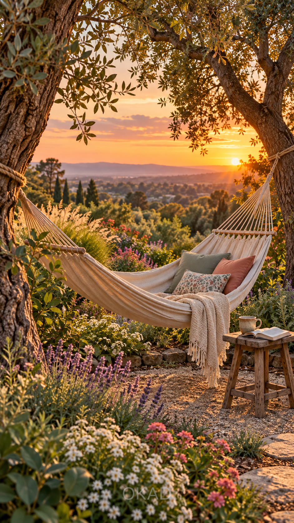 garden hammock ideas, backyard hammock ideas, Cozy fabric hammock between mature trees with pillows, throw and warm sunset garden view