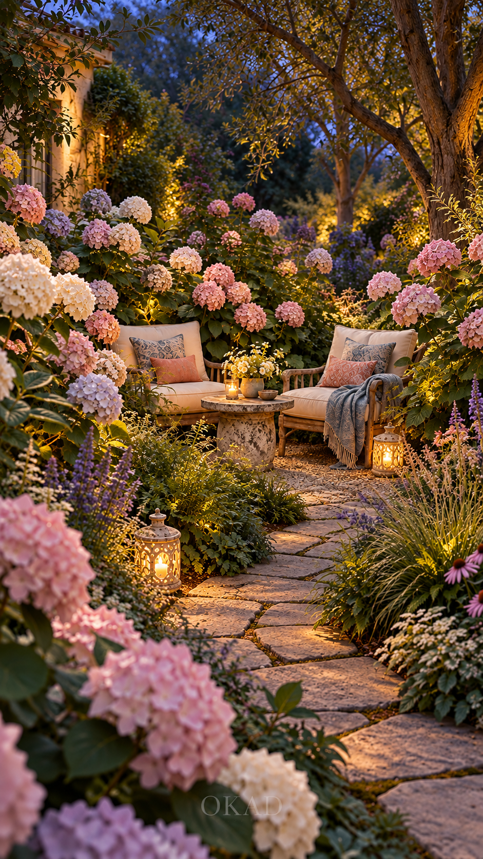 hydrangea backyard ideas, front yard landscaping ideas with hydrangeas, Cozy hydrangea garden seating area surrounded by lush backyard planting
