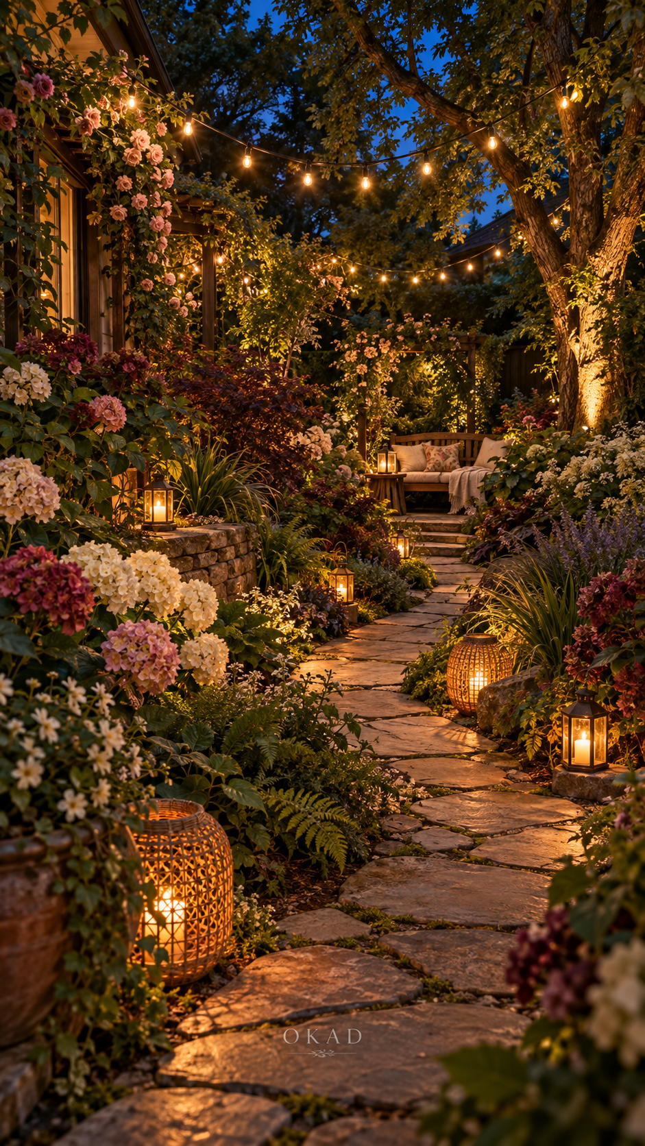 backyard garden ideas, garden ideas on a budget, Magical backyard garden at evening with warm lanterns, string lights and lush planting