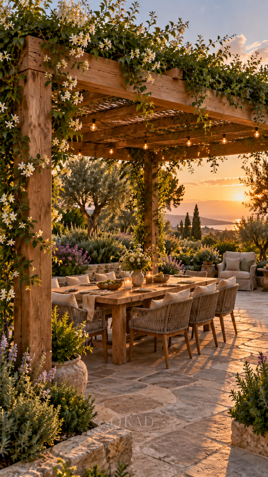 garden pergola ideas with roof, modern pergola designs, Modern backyard pergola with climbing greenery, outdoor dining table and warm garden lighting