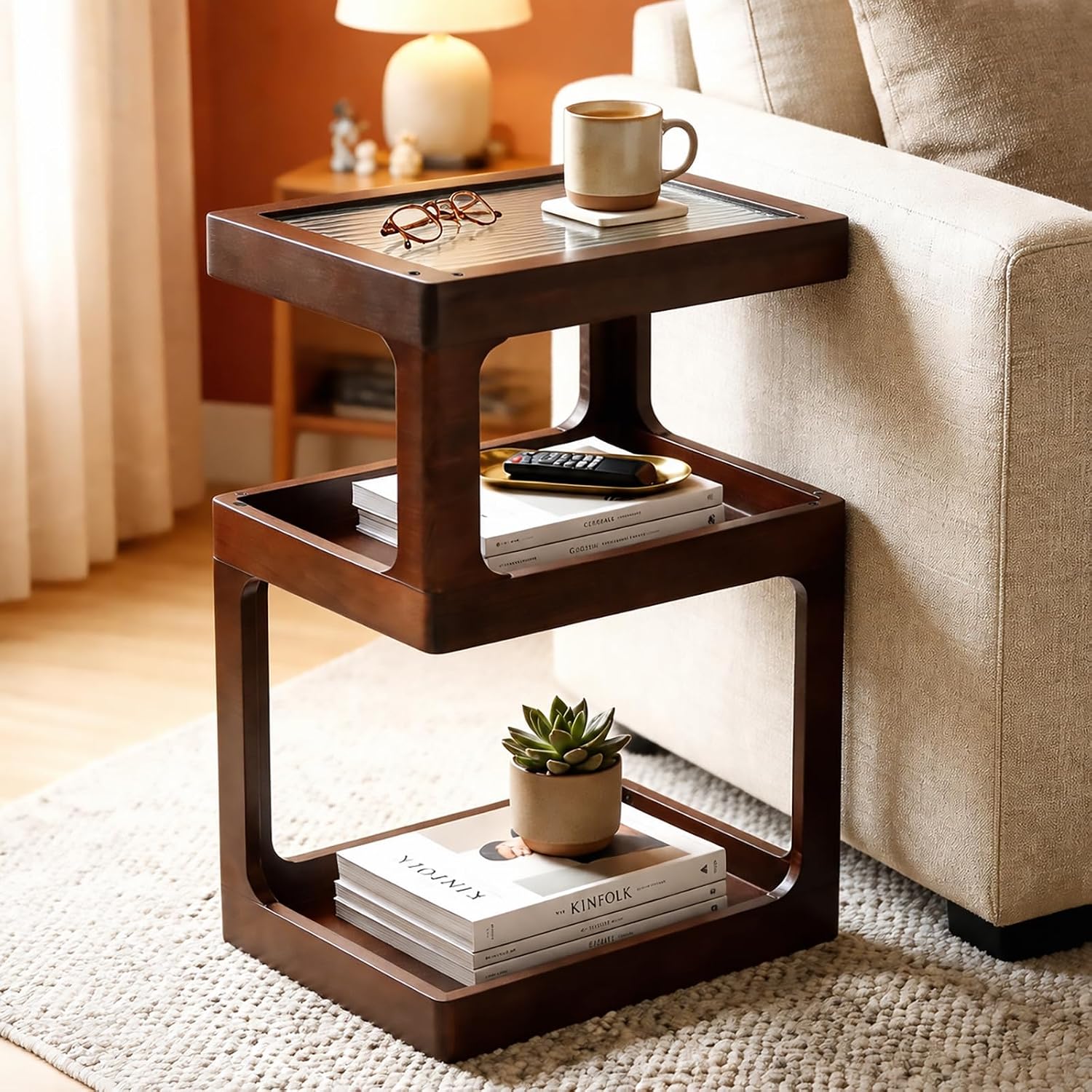 Geometric Retro Style, MCM End Table, Open Storage, For Living Room, Couch, Bedroom, Narrow