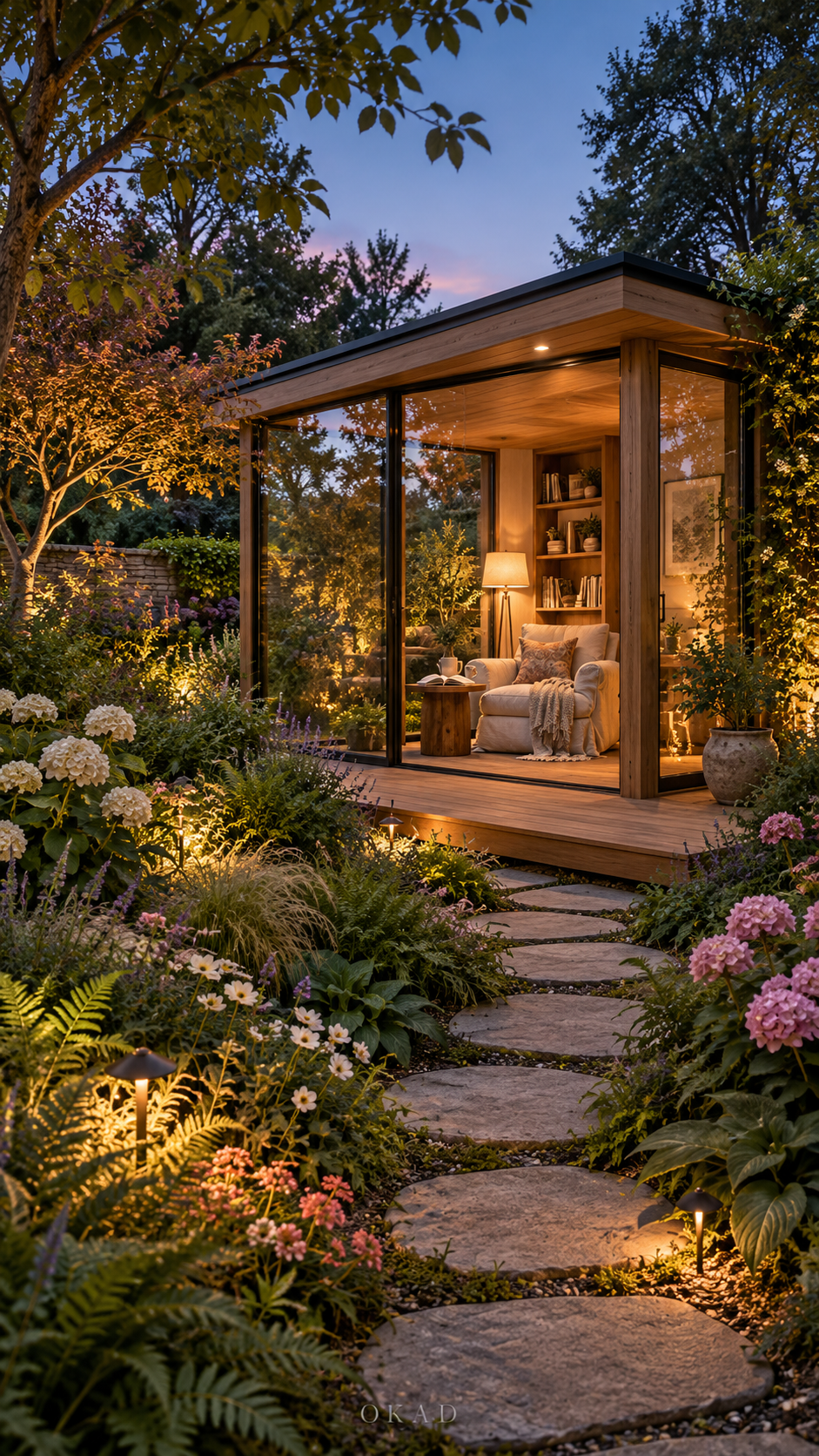garden reading nook ideas, garden room ideas, Modern backyard reading room with glass walls, natural wood and lush garden landscaping