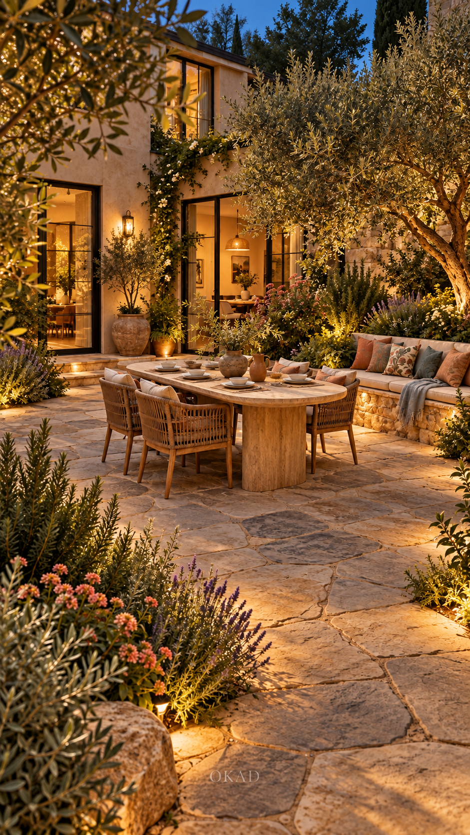 garden courtyard ideas, small courtyard ideas on a budget, Modern stone courtyard surrounded by lush backyard garden planting and mature trees