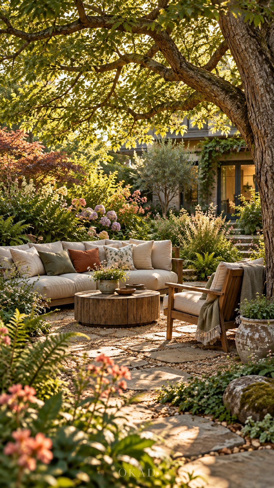 garden seating ideas, garden seating ideas diy, Cozy backyard seating area beneath mature trees with lush greenery and soft daylight